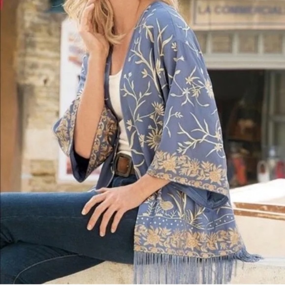Soft Surroundings Hidden Garden Fringe Blue Cream Embroidered Kimono size S/M - Picture 1 of 14